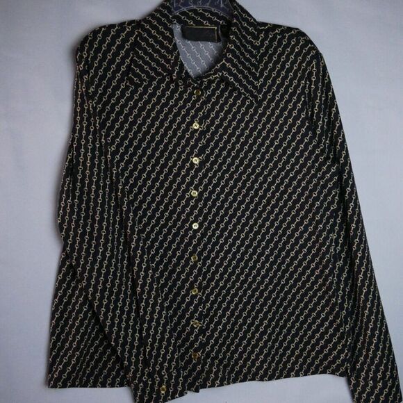 Diane Gilman Women's Size Large Blouse Button Down Black Golden Chain Print - Picture 6 of 12